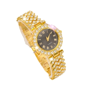 Luxury gold quartz watch for women with rhinestones, Roman numerals and black dial