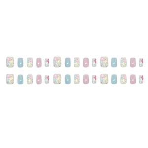 Spring cat eye press-on nails with small flower patterns and pastel colors, 24 pieces set