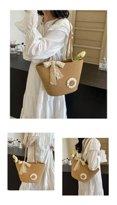 Detail of hand-woven tote bag with white lace bow and daisy appliqué in lifestyle setting
