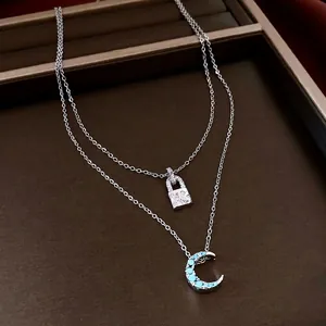 Collier Double Rangée Cuivre Zircon Pendentif Serrure Lune Étoile Gravée Chaîne De Clavicule Bijoux Pour Femmes