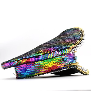 Rainbow sequin captain hat with metallic studs and blue jewels for stage performance