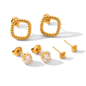 Three pairs of gold stainless steel stud earrings with square twist and zircon details