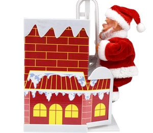 Detailed side view of electric climbing Santa Claus toy on red chimney with plush outfit