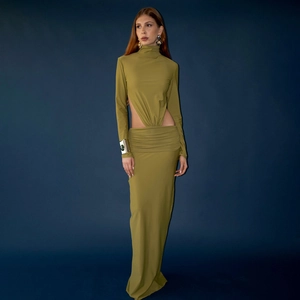 Sexy Mock Neck Cut-out Maxi Dress Long Sleeve Slim Fit Patchwork Backless Streetwear Polyester Long Gown For Women