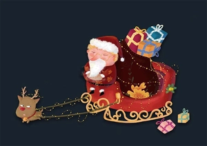 Close-up of a festive Christmas keychain featuring Santa Claus and a reindeer on a red sleigh