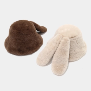 Plush faux fur bucket hat with long bunny ears in brown and beige colors