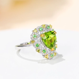 Exquisite silver heart-shaped green peridot open ring with colorful pavé gemstones