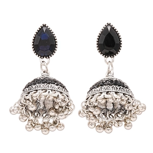 Vintage silver Jhumka earrings with teardrop gems and cascading tassel details