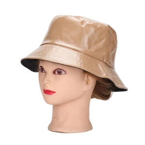 Chapeau bob à la mode en cuir PU camel avec finition brillante et bord surpiqué