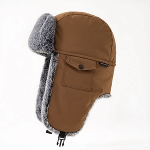 Men's brown winter trapper hat with gray faux fur lining and buckle strap for cold weather