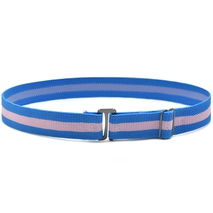 Detail of adjustable elastic kids belt featuring blue and pink stripes and metal buckle