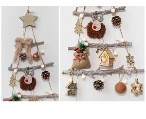 Detail of DIY wooden Christmas tree wall hanging with pine cones and LED lights
