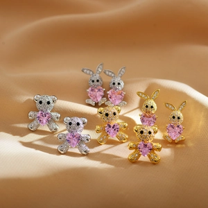 Simple Copper Pink Heart Rhinestone Bear Rabbit Stud Earrings Gold Silver Plated Animal Fashion Jewelry For Women
