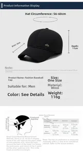 Size chart for men's wool baseball cap with head circumference measuring guide