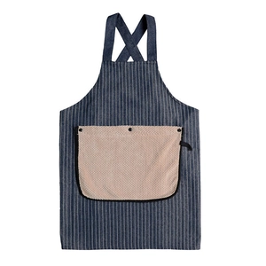Blue denim kitchen apron with white stripes, towel pocket and X-shaped back straps