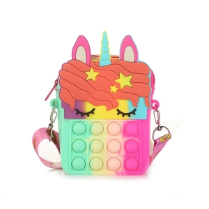 Rainbow unicorn silicone pop fidget shoulder bag for kids with adjustable strap