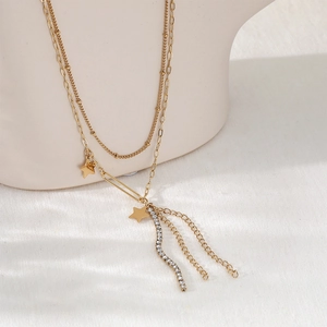 Double-layer gold stainless steel necklace with star pendants and rhinestone tassel