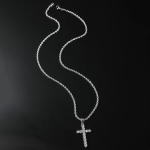 Iced out silver cross pendant with twist chain for hip hop street style jewelry