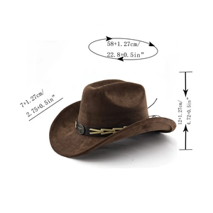 Detail view of suede cowboy hat with bull head logo and dimensional measurements