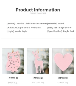Pink wooden owl and elk Christmas ornaments with Nordic style size details