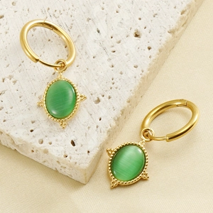 Retro Creolen Mit Grünem Ovalem Katzenaugenstein Anhänger 18K Vergoldet Edelstahl Vintage Schmuck Für Damen