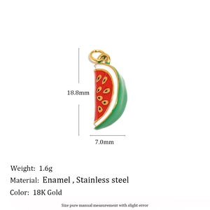 Detail of enamel watermelon pendant, 18K gold plated stainless steel, 18.8x7.0mm size