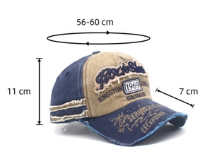 Detail of washed denim baseball cap with Rock Shark embroidery and size specs