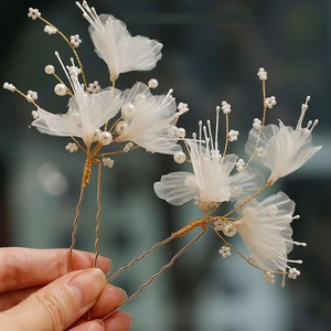 Handmade Bridal Flower Hairpin U-Shaped Mesh Petal Butterfly Hair Stick With Faux Artificial Pearl For Wedding Party Women Jewelry