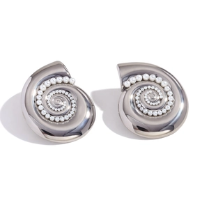 Silver nautilus shell stud earrings with white pearls and stainless steel finish
