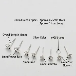 S925 sterling silver earring studs with floral and umbrella settings for DIY pearls