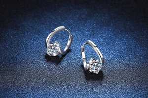 Detail of silver S925 moissanite hoop earrings with round-cut D color stones