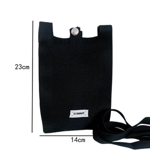 Detailed view of black knitted phone bag dimensions 23cm by 14cm with silver snap button