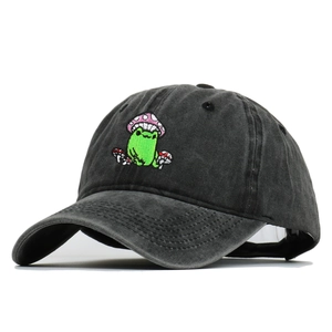 Washed black cotton baseball cap with cute frog and mushroom embroidery for sun protection