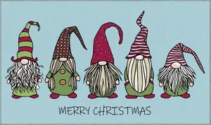 Close-up of Merry Christmas door mat with five holiday gnomes on a soft blue background