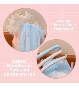 Detail of light blue girls' princess tiara headband with tulle and metal crown