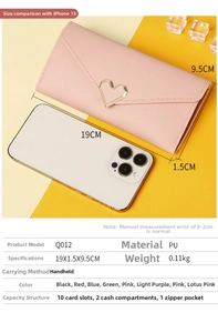 Pink long wallet detail showing 10 card slots and phone size comparison view