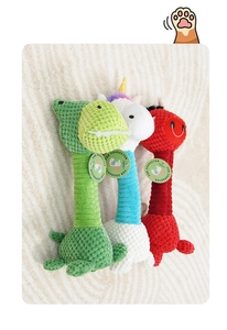 Detailed texture of durable corn fleece chew toys for dogs in three animal shapes
