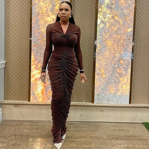 Elegant deep brown V-neck long sleeve ruched bodycon maxi dress for women