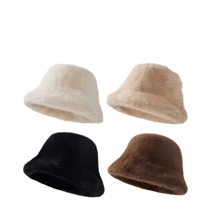 Winter plush faux fur bucket hats for women in white, camel, black, and dark brown colors