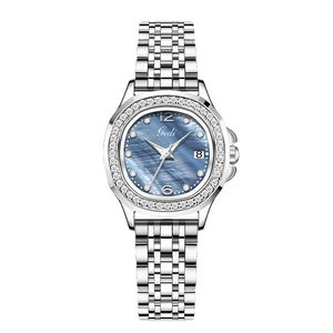 Gedi luxury women's quartz watch with blue mother-of-pearl dial and diamond-set silver strap