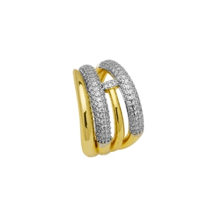 Detailed macro view of 18k gold plated stripes and zircon inlay on a dual-tone ring