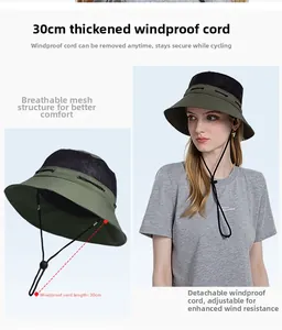 Detail of army green sun hat showing breathable mesh top and adjustable 30cm wind rope