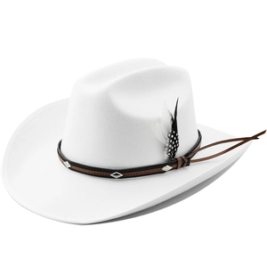Detail of white wool western cowboy hat featuring leather band, silver studs and feather