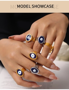 Detailed view of layered gold and silver evil eye rings worn by a model in a showcase
