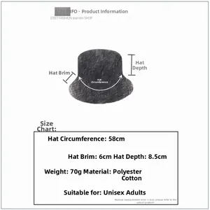 Detailed size chart for vegetable print bucket hat with 58cm circumference info