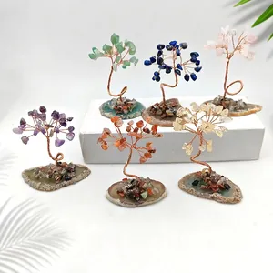 Handmade Crystal Money Tree Natural Gemstone Chips Copper Wire Twisted Desktop Ornament Agate Slice Base Healing Decor