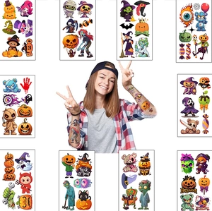 Child wearing various waterproof Halloween temporary tattoos with pumpkin and ghost designs