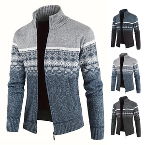 Gilet En Maille Pour Homme Avec Fermeture Éclair Doublé Polaire Col Montant Jacquard Géométrique Hiver Chaud Coupe Ajustée