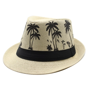 Beige straw fedora hat with black palm tree embroidery and ribbon for beach vacations