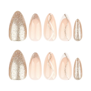 Sparkling gold glitter almond press-on nails with wave lines and French tips 10pcs set